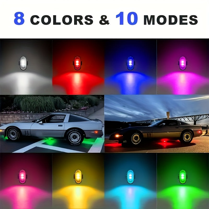 4-Pack Car Wireless LED Strip Light Remote Control | Magnetic Vibration Lights with 8 Colors, USB Rechargeable, IP65 Waterproof, Impact-Resistant Warning Lights, Suitable for Car Interiors, Trucks, Motorcycles, Drones, Aircraft, Bicycles