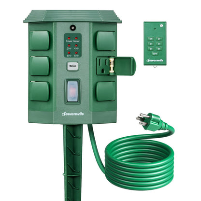 Outdoor Power Stake Timer 6 Outlet Weatherproof – 100FT Wireless Remote Control, Dusk to Dawn Photocell Sensor, 7 Timer Modes, 6FT Cord, Overload Protection for Garden Yard Christmas Holiday Lights