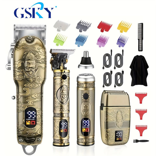 Professional Hair Clippers Trimmer Set for Men - T-Blade Trimmer Nose Hair Trimmer Electric Razor LCD Display USB Rechargeable Zinc Alloy Ergonomic Grooming Kit Bronze