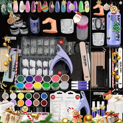 Complete Acrylic Nail Art Kit with Glitter — Pink Clear White Acrylic Powder 12 Color Glitter Powder Nail Liquid Clippers Full Tool Set All-in-One Manicure Gift for Nail Lovers