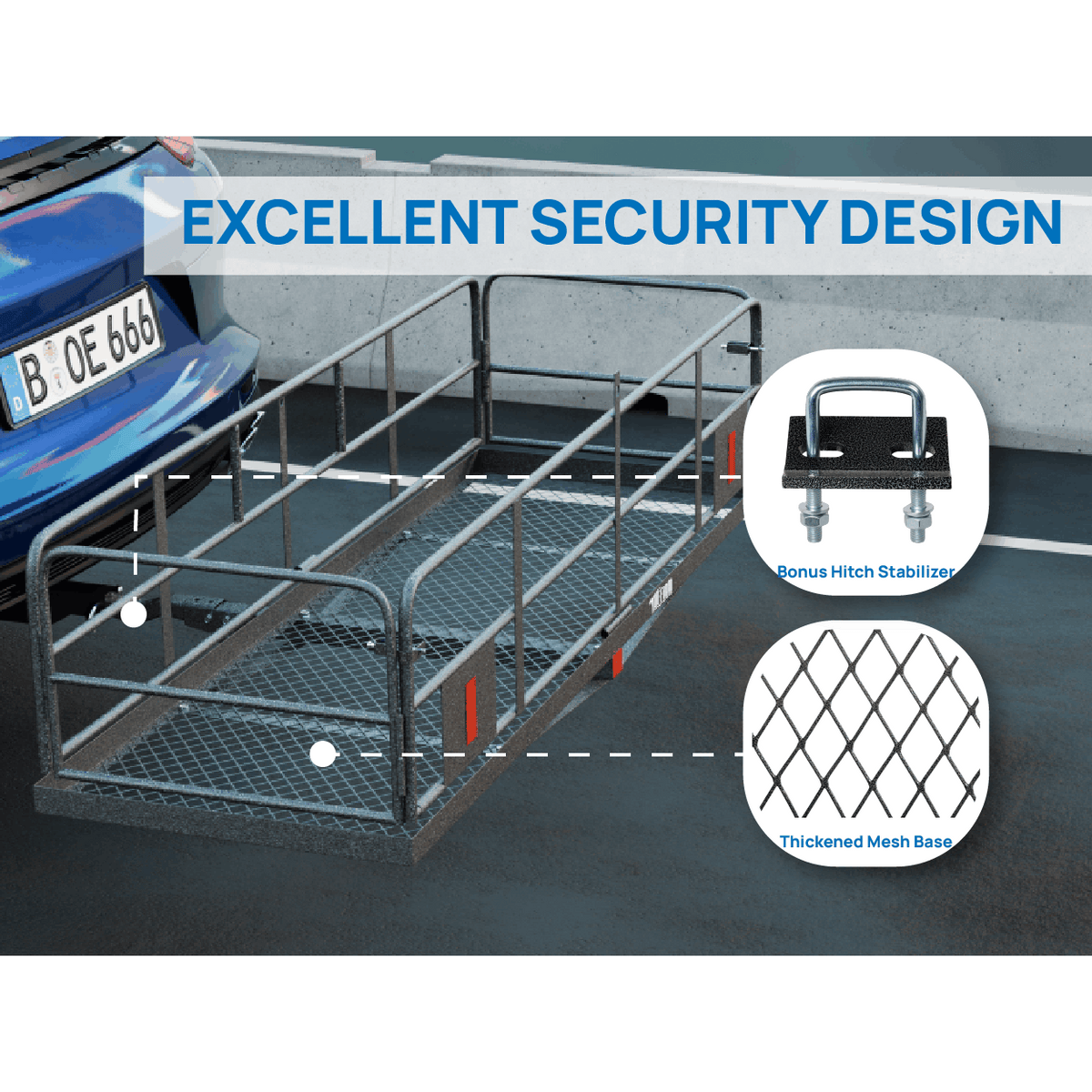 60" L x 20/24" W x 6" H Hitch Mount Cargo Carrier Folding Rack, 500lbs Heavy Duty Trailer Steel Luggage Basket with Waterproof Cargo Bag, Straps, Net & Stabilizer for Camping Travel