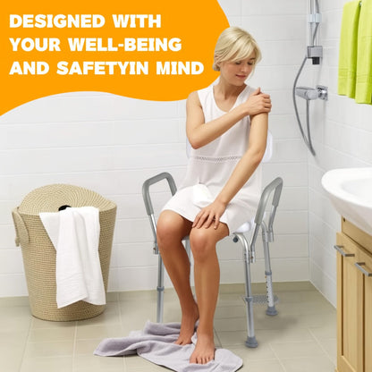 Shower Chair with Armrests & Backrest – Height Adjustable Aluminum Bath Seat, 350 LBS Capacity, Non-Slip Rubber Feet, Cushioned Support for Elderly, Disabled & Post-Surgery, Fits Most Showers & Tubs