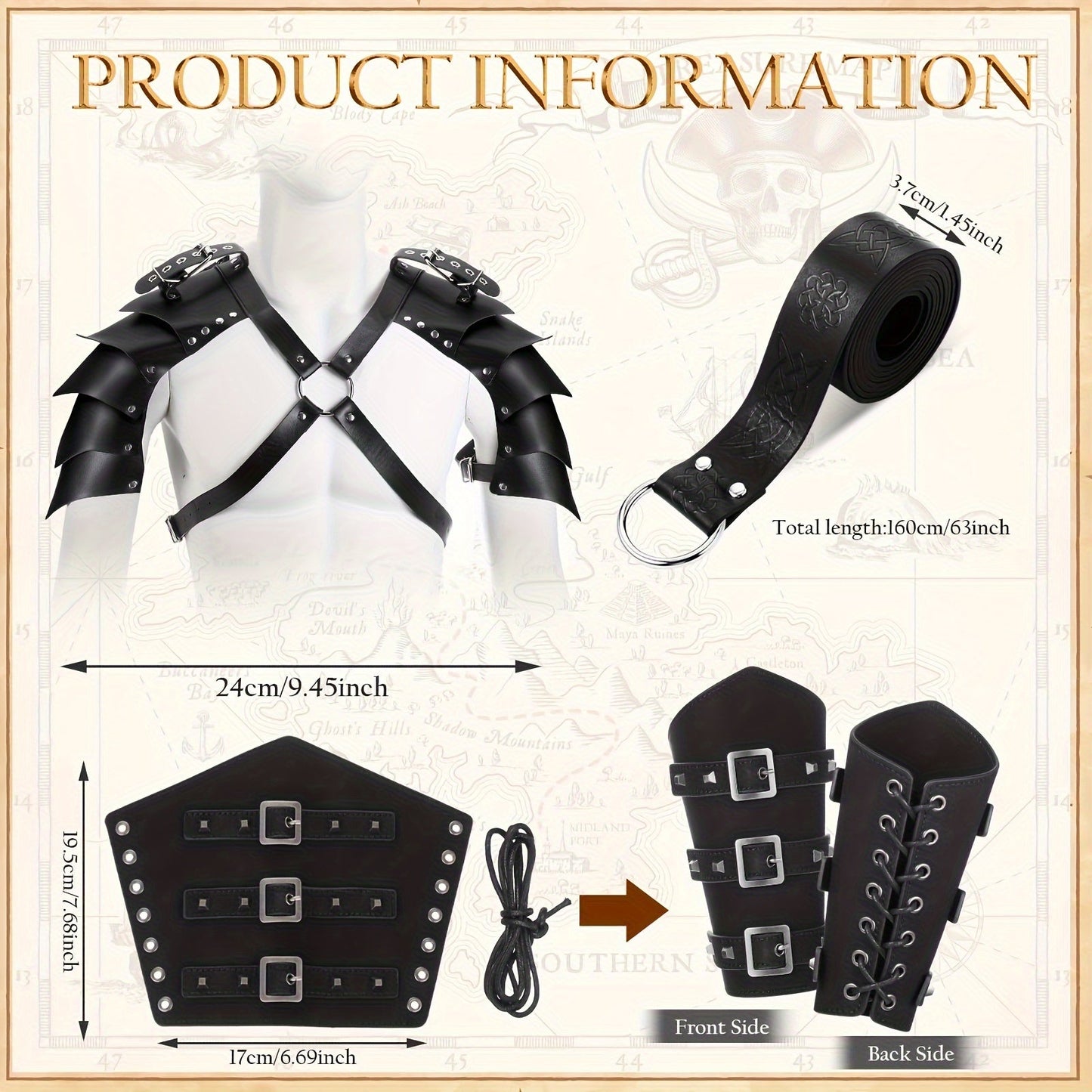 Medieval Knight Costume Set 4pcs PU Leather Shoulder Armor Cape Arm Guards & Belt for Men – Viking Warrior LARP Cosplay Halloween Renaissance Faire Prop, Black