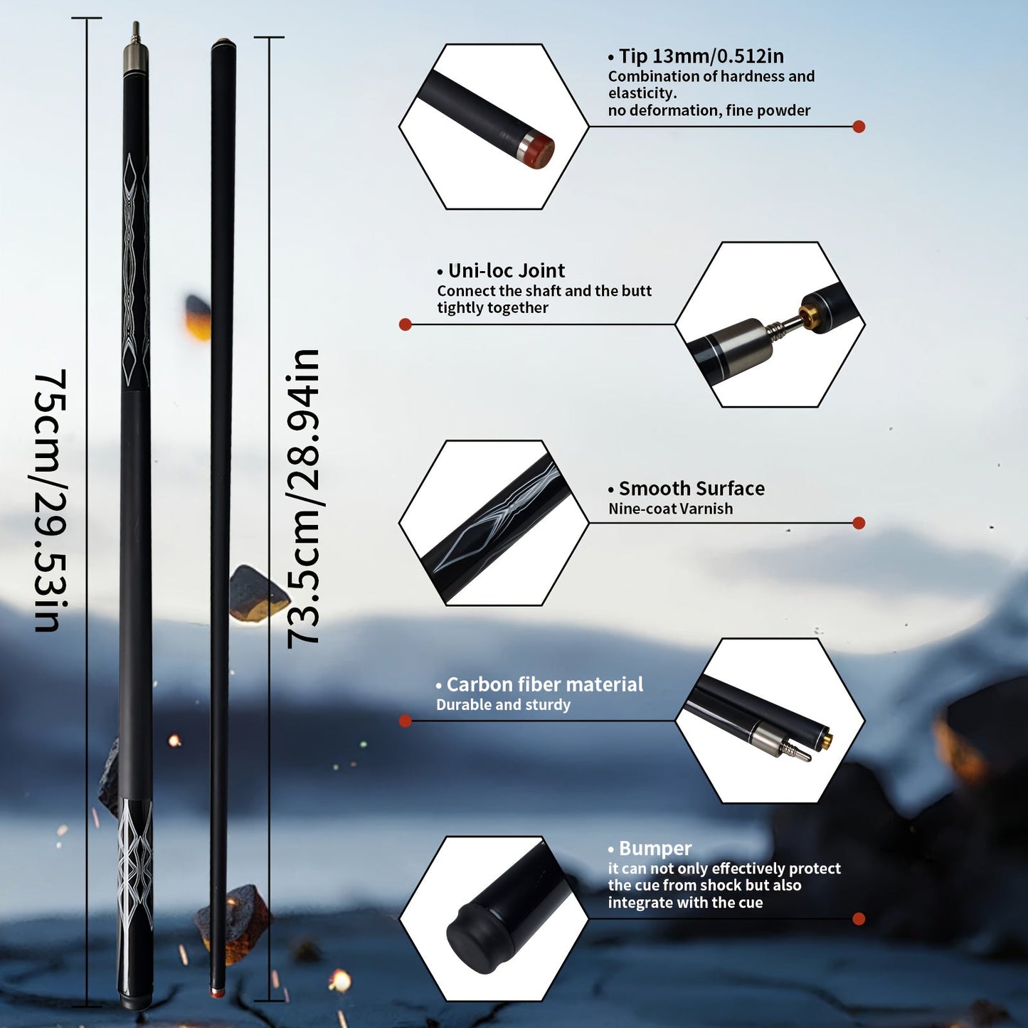 Carbon Fiber Pool Cue 57 Inch 13mm Tip – 2pcs Modular Design, Low Deflection, Piano Lacquer Finish, Stainless Steel Joint – Professional Billiard Cue for 8 Ball, 9 Ball, Home, Tournament & Club