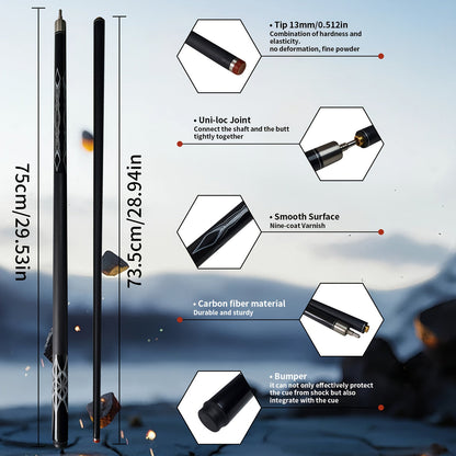 Carbon Fiber Pool Cue 57 Inch 13mm Tip – 2pcs Modular Design, Low Deflection, Piano Lacquer Finish, Stainless Steel Joint – Professional Billiard Cue for 8 Ball, 9 Ball, Home, Tournament & Club