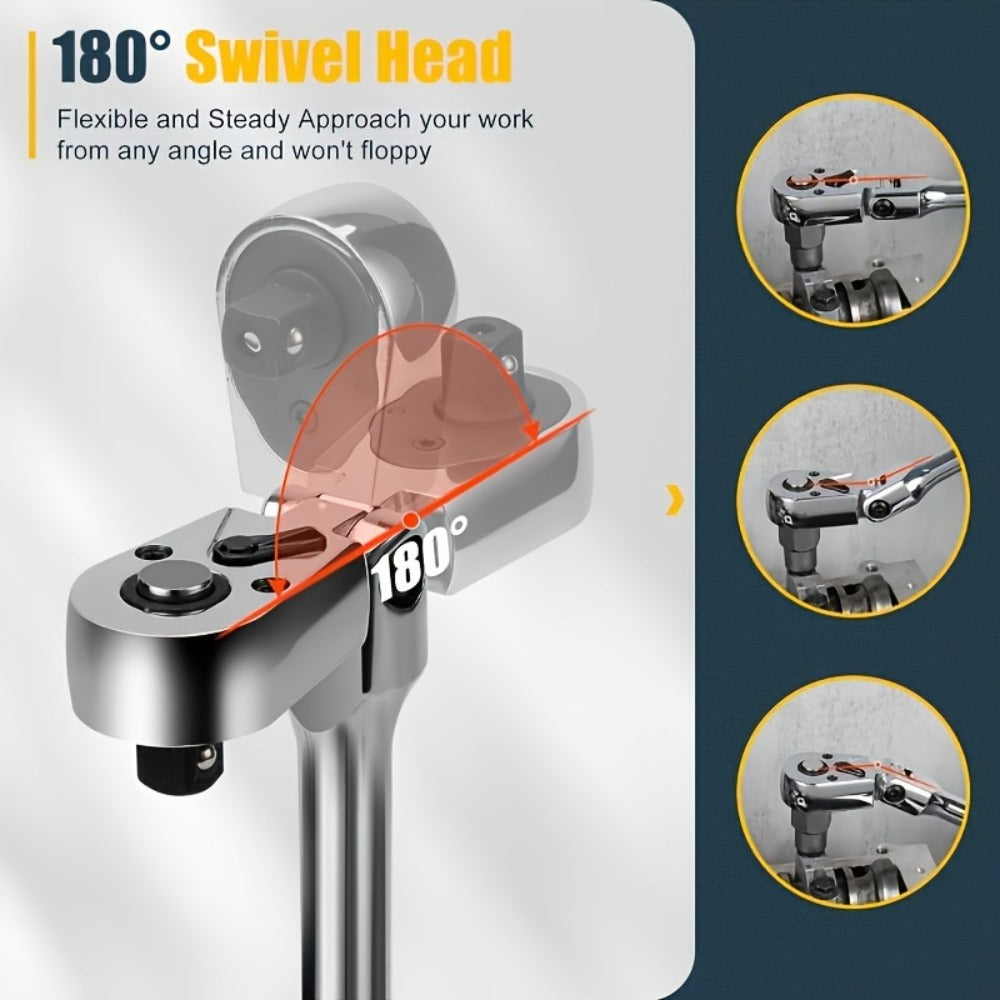 6-Piece Ratchet Wrench Set 1/4" 3/8" 1/2" Drive – Rotating Head Ratchet with Extension Bar, Chrome-Plated Stainless Steel, EVA Foam Storage Case | No Battery Required