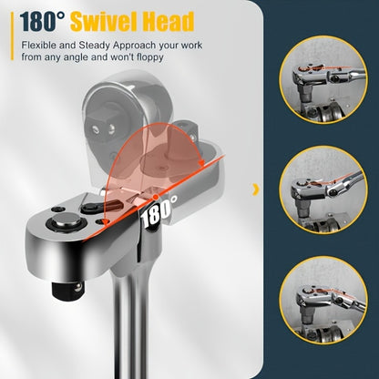 6-Piece Ratchet Wrench Set 1/4" 3/8" 1/2" Drive – Rotating Head Ratchet with Extension Bar, Chrome-Plated Stainless Steel, EVA Foam Storage Case | No Battery Required