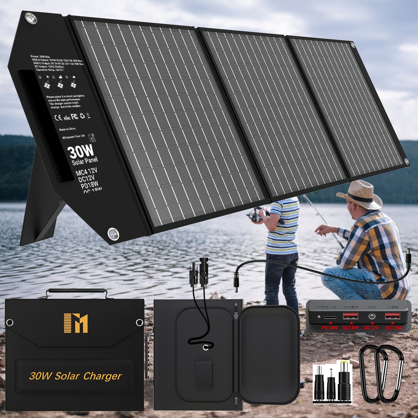 30W/60W/100W Foldable Solar Charger with 18V MC4, Dual Quick Charge USB-A, and High-Speed USB-C PD18W for Adventure