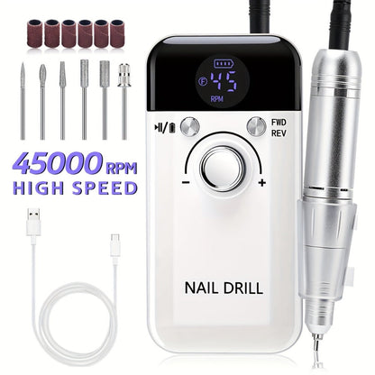 45000RPM Electric Nail Drill Machine Rechargeable Cordless with LCD Display Professional Nail File Drill for Acrylic Gel Nails Cuticle Removal Manicure Pedicure Polisher Home Salon Women Pink White