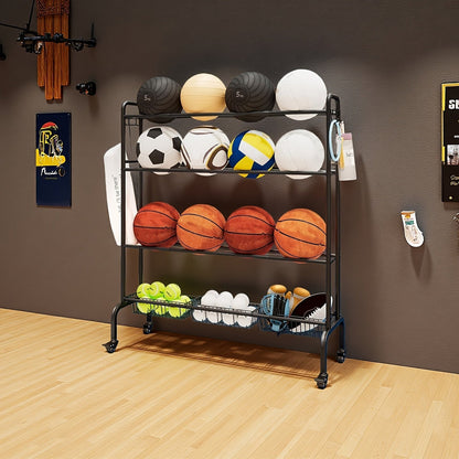 Sports Equipment Storage Rack with Wheels – 4-Tier Ball Rack for Basketball Soccer Volleyball with Hooks & Rolling Casters for Gym Garage