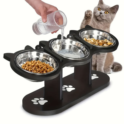 Elevated Cat Bowl – Adjustable Height Stainless Steel Raised Feeder with Anti-Spill Black Wooden Base, Indoor Food & Water Dish for Cats & Small Dogs