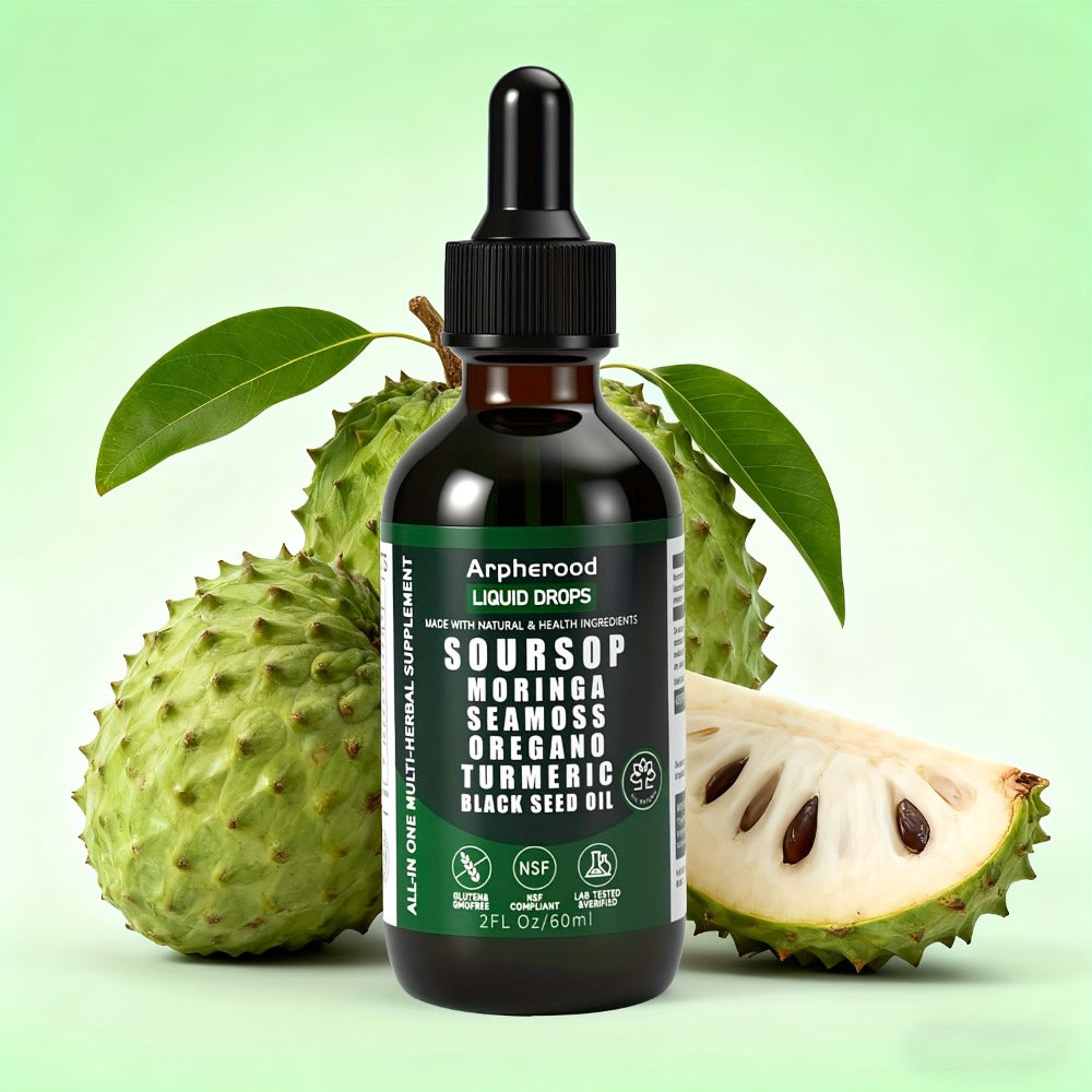 Soursop Graviola Liquid Drops 2 Fl Oz – Leaf & Fruit Blend with Sea Moss, Elderberry & Black Seed Oil | High-Potency Oral Drops for Immune Support, Digestive Health & Liver Wellness | Glass Bottle | Pack of 1, 2 or 3