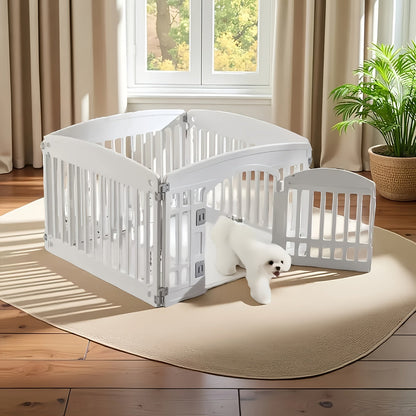Dog Pen 4 Panel with Non-Slip Bottom & Safety Locking Door - Portable Expandable Indoor Outdoor Pet Pen for Medium Dogs & Puppies, Lightweight Durable Puppy Enclosure in Black & White