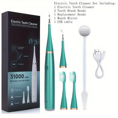Electric Teeth Cleaner Kit USB Rechargeable – 5 Cleaning Modes Dental Scaler Plaque Tartar Remover Gum Health Tool for Adults Family Holiday Gift Set Black White Green