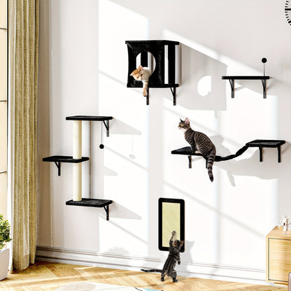 Cat Wall Shelves 5-Piece Set - Wall-Mounted Cat Furniture with Floating Perch, Cat Climber, Bridge & Cat Bed, Modern Cat Tree Alternative for Indoor Cats, Black / Grey / Beige