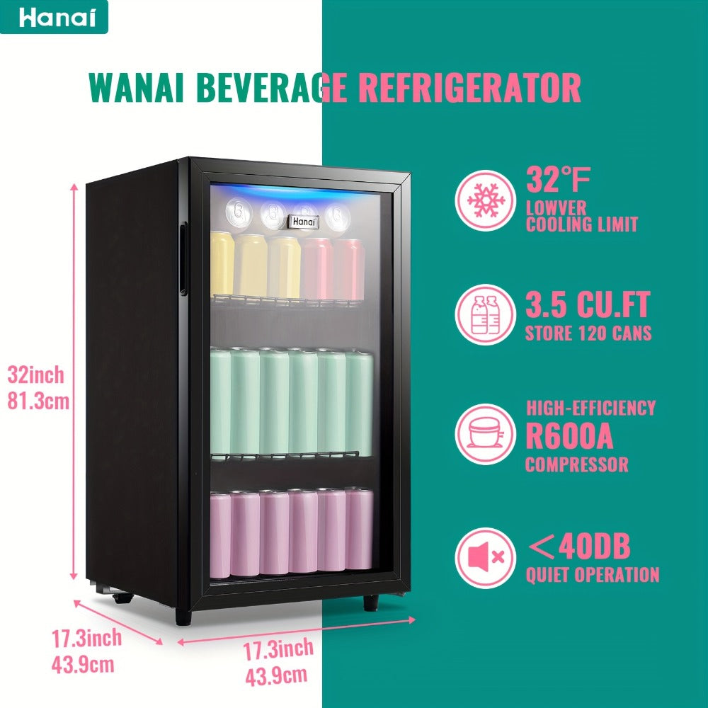 Beverage Refrigerator with Glass Door, Mini Drink Cooler Fridge with Blue LED Light, 3 Adjustable Shelves & R600a Compressor – 1.7 or 3.5 Cu Ft Freestanding Bar Fridge for Home, Office, Dorm and Bar