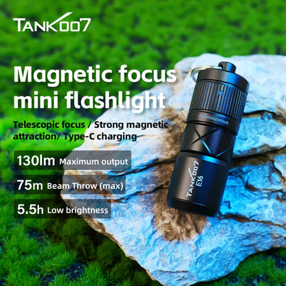 Magnetic EDC Flashlight Tank 007 E16 – Type-C Rechargeable Mini Zoomable LED Torch, Lithium Polymer Battery, Compact Aluminum Alloy Design for Outdoor & Indoor Use