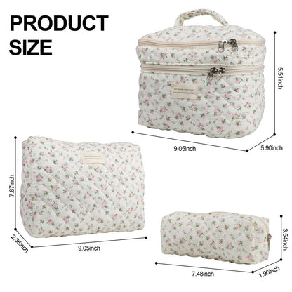 Quilted Floral Makeup Bag Set 3PCS Large Capacity Dual Layer Cotton Cosmetic Bags Coquette Aesthetic Travel Toiletry Organizer Gift for Women Girls Blue Rose Pink