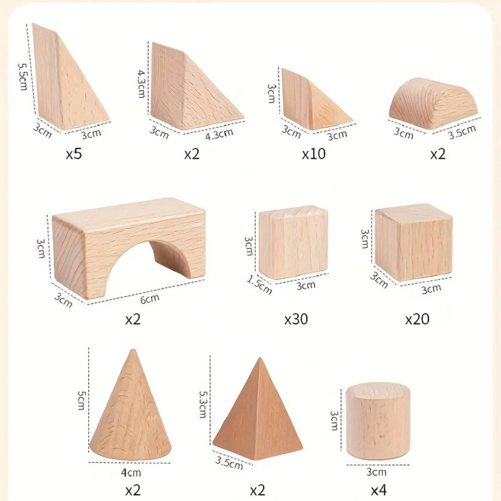 Natural Beech Wood Blocks 100 Piece Unpainted Solid Wooden Building Set – STEM Logical Thinking Toy for Kids Ages 3-12, Castle Stacking Sorting Educational Gift for Boys & Girls