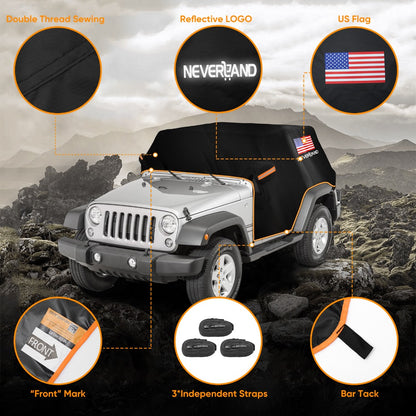 Jeep Wrangler Half Car Cover Waterproof 210D Oxford Fabric – Reflective Strip Windproof Straps for JK JL JKU JLU 2-Door & 4-Door 2007–2024