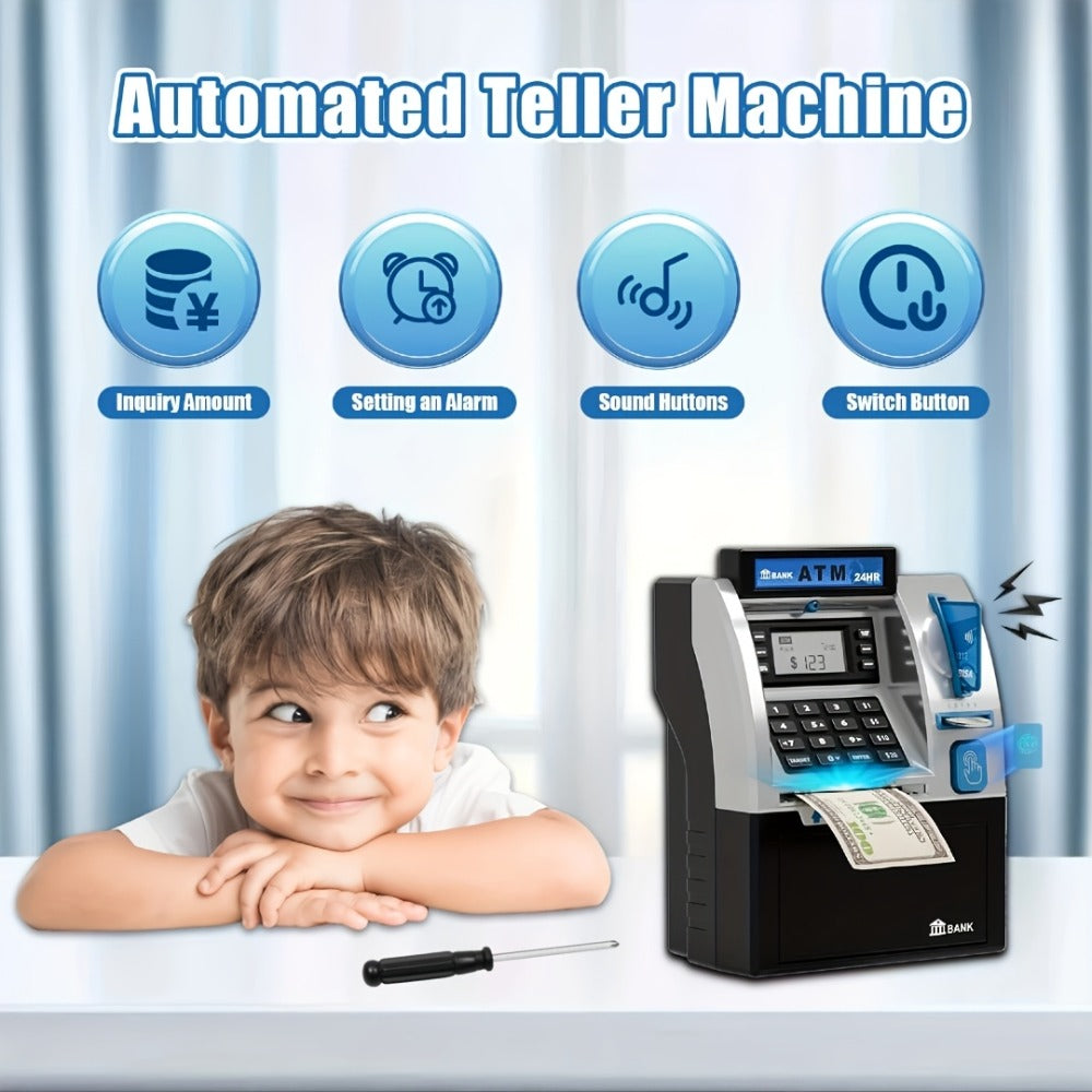 Electronic ATM Kids Piggy Bank with Password – Banknote & Coin Savings Bank for Boys Girls, Birthday Gift, Christmas Gift, Interactive Money Bank Toy, Black & Blue