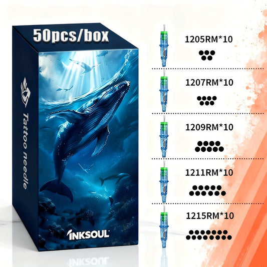Round Magnum Tattoo Cartridge Needles 50pcs Mixed Size — 1205RM 1207RM 1209RM 1211RM 1215RM Individually Sealed Disposable, Smooth Shading & Blending for Artists & Beginners