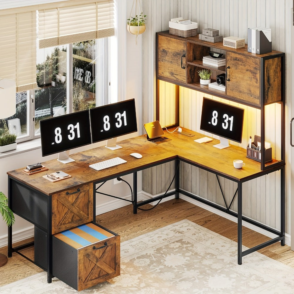62.2-Inch L-Shaped Office Desk with Storage Drawers and Charging Station for Home Office detail image