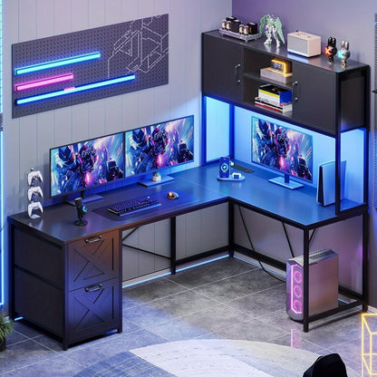 Office Desk, L-Shaped Desk with Drawers 62.2 Inch Corner Home with Power Outlets USB Ports shown in the main product view