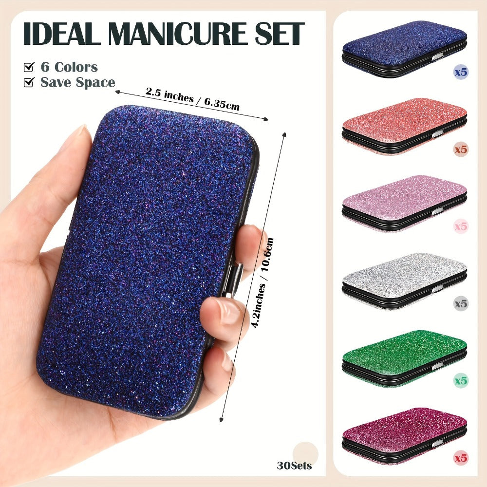 Bulk Manicure Gift Set 30 Packs 8-in-1 Stainless Steel Nail Care & Pedicure Tools with Glitter Travel Case – Professional Kit for Women & Men, Wedding Favors, Corporate Gifts, Holiday Party Bulk Gifts