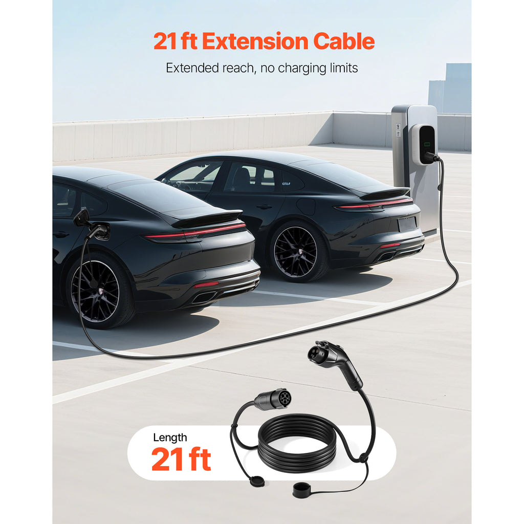 VEVOR EV Charger Extension Cable, 32Amp/40Amp/48Amp 21 ft / 40 ft J1772 Extension Cord Compatible with 120V-240V SAE J1772 Electric Vehicle Chargers, Level 1/Level 2 Heavy Duty Car Charging Cable with Carrying Bag