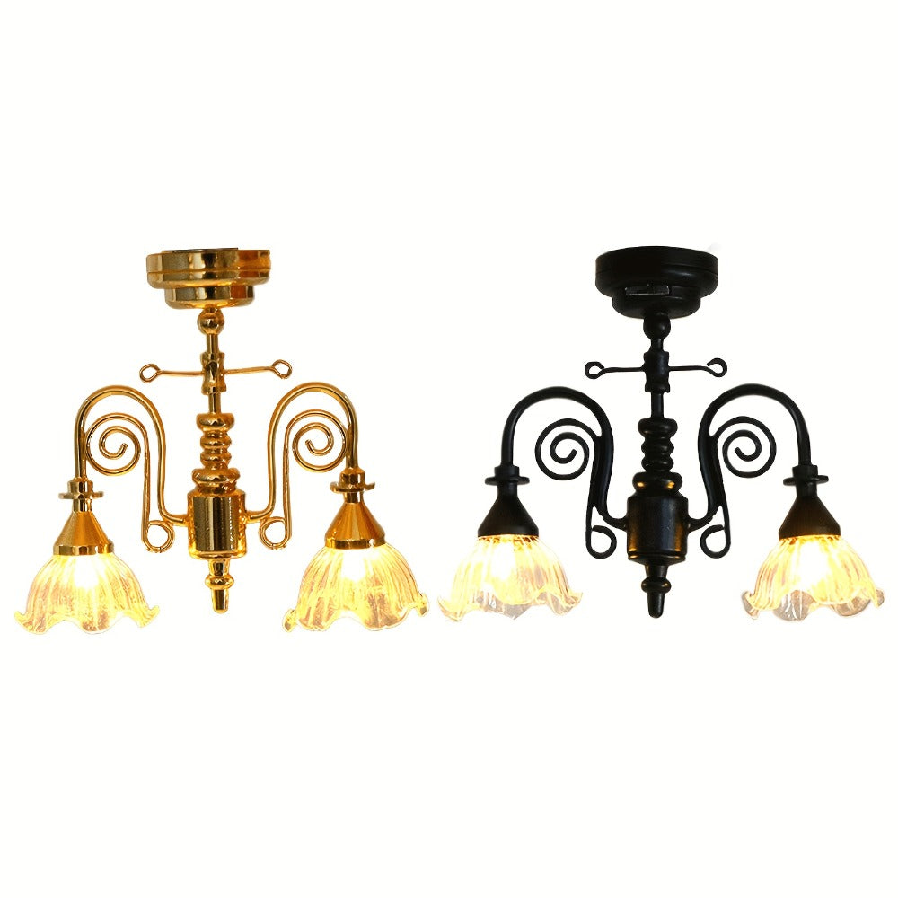 Miniature LED Chandelier Ceiling Lamp Dollhouse Working Light 1:12 Scale Golden Finish DIY Room Box Diorama Sand Table Decor Gift for Miniature Hobbyists Collectors