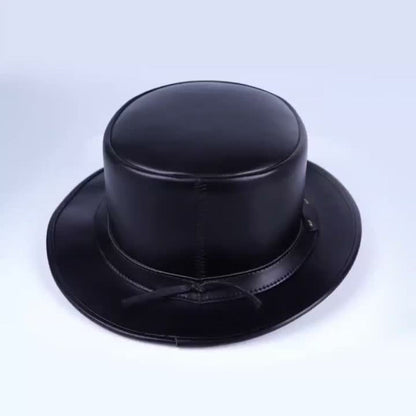 Genuine Leather Top Hat Steampunk Gentleman Shapeable Brim – Real Cowhide Low Crown Topper for Men & Women S-3XL, Halloween Costume Cosplay Motorcycle Riding Fashionable Dress Up Hat