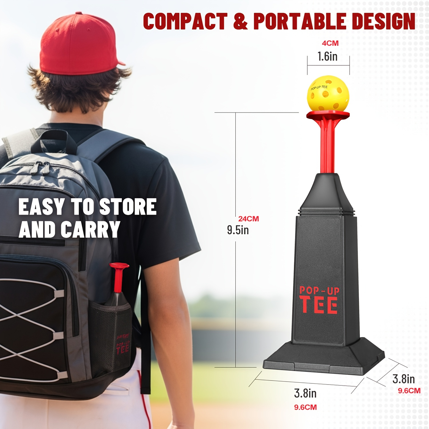 Baseball Softball Hitting Tee with Popper & 12 Mini Balls | Launches Up to 40 Inches High | No Battery Required | Kids Youth Batting Practice Training Set Black Red
