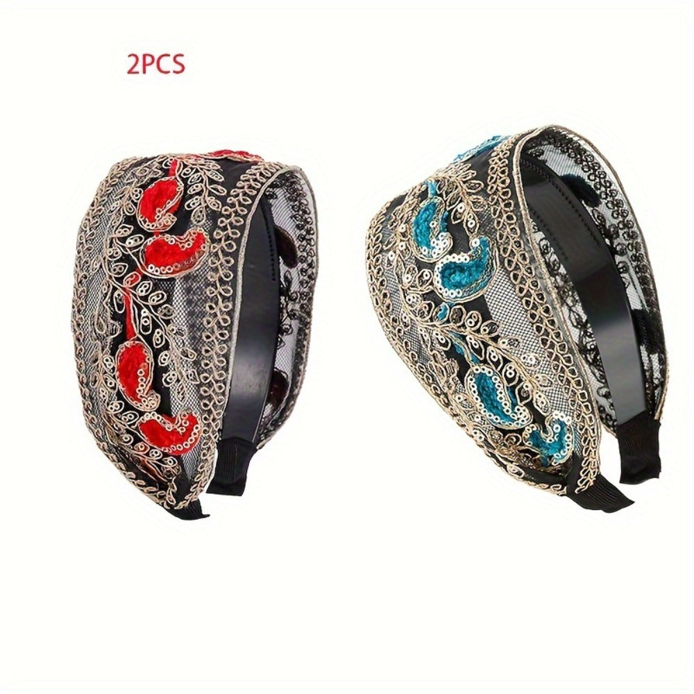 Wide Headbands for Women 2 Pack Lace Embroidered Sequin Flower Hair Hoops – Non-Slip Retro Chic Wide Hair Band for Daily Wear Spring Summer Styling Elegant Gift Set 2 Colors Black Red