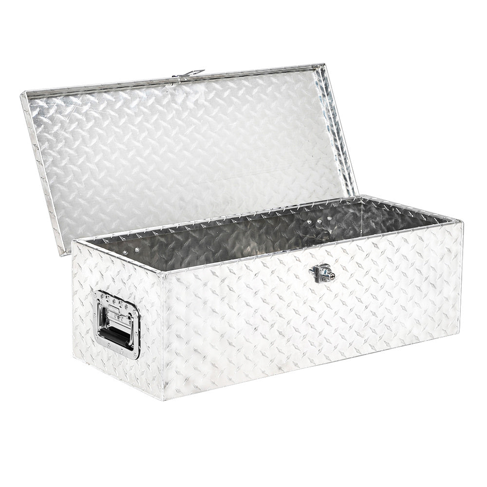 Aluminum truck toolbox with T-shaped handle lock and key, made of aluminum alloy, suitable for storage and organization of trailers, pickups, truck beds, four-wheel drive vehicles, all-terrain vehicles and campers. Black version.
