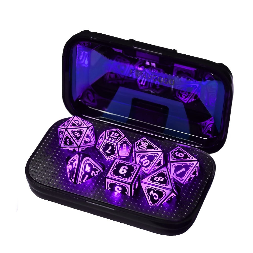Glowing DnD Dice Set with Wireless Rechargeable Charging Case – 7-Piece LED Light Up Polyhedral Dice D4 D6 D8 D10 D12 D20 for Dungeons & Dragons, Pathfinder & Tabletop RPG, 6-Hour Battery, Mixed Blue Purple, Unique Gamer Gift
