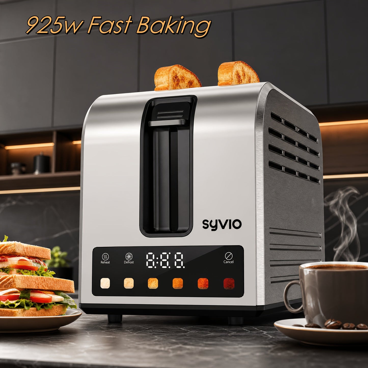 Toaster 2-Slice Stainless Steel Smart Touchscreen – 5 Bread Types, 6 Browning Levels, Wide Slots, Temperature Control, Removable Crumb Tray, Compact Kitchen Toaster