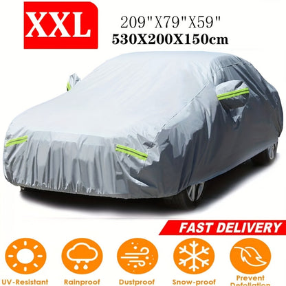 Full Car Cover 3-Layer 190T Waterproof All-Weather UV Snow Dust Protection with Reflective Strips – Silver, XL & XXL, Indoor Outdoor Universal Fit Sedan SUV