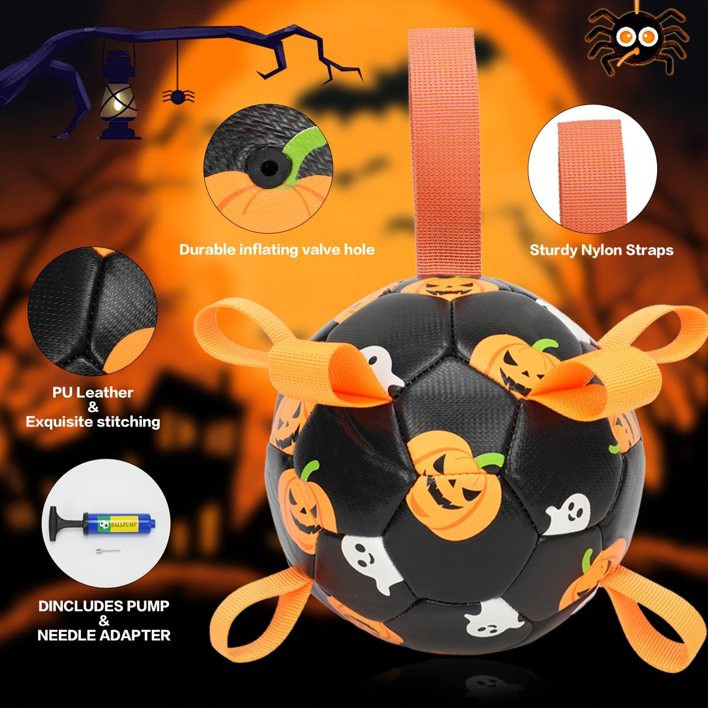 Halloween Dog Ball Toy with Pump - Football Shaped Chew Ball for Dogs, Pumpkin Ghost Design, Durable Rubber Fetch Toy for Small Medium Large Dogs, Festive Pet Gift with Strap, No Battery Required