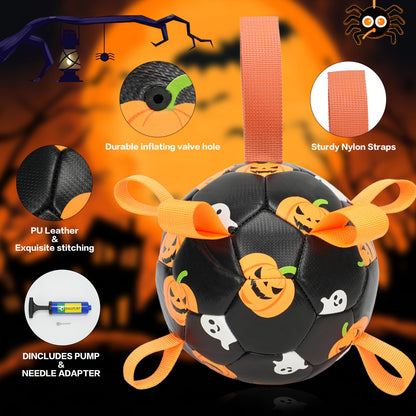 Halloween Dog Ball Toy with Pump - Football Shaped Chew Ball for Dogs, Pumpkin Ghost Design, Durable Rubber Fetch Toy for Small Medium Large Dogs, Festive Pet Gift with Strap, No Battery Required