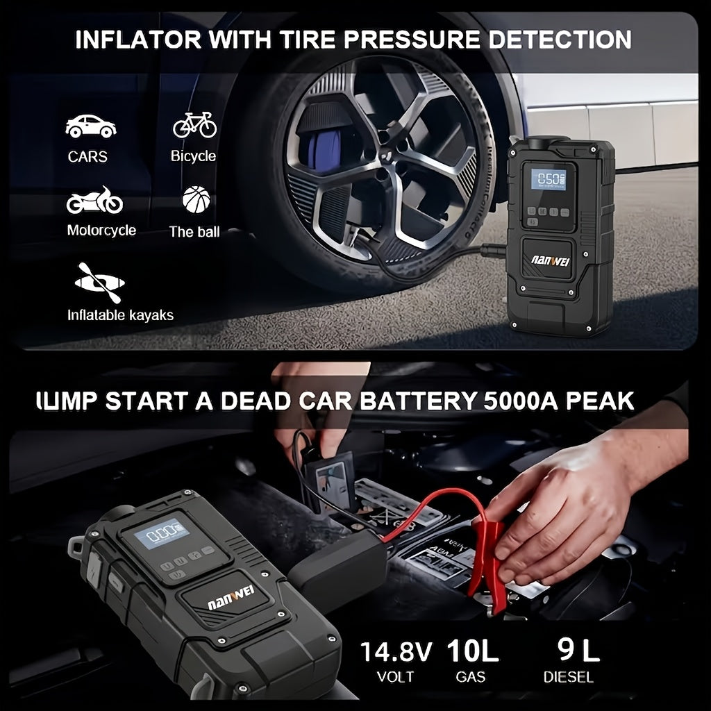 NANWEI Portable Emergency Jump Starter with Air Pump, Portable Peak Current Car Battery Jump Starter, Suitable for 12V (2.11gal Gasoline/1.72G Diesel) Cars, with USB Input/Output, LED Emergency Lighting, Car Additions Tools, And Wireless Car Air Pump