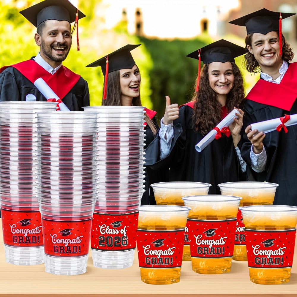 Graduation Plastic Mugs 100 Pack 14oz – 2026 Graduation Party Cups in Black Red Blue Green Purple Maroon for Graduation Ceremony, Reception, Celebration & School Color Party Drinkware Bulk