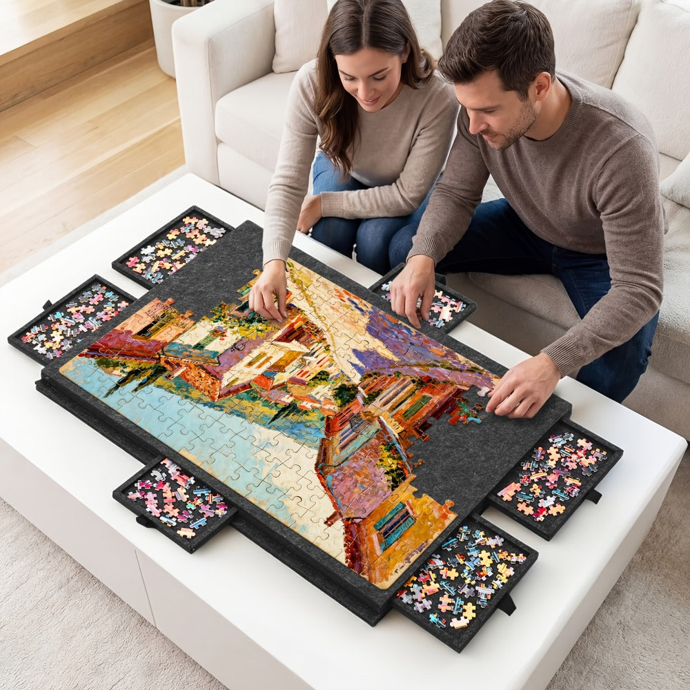 Jigsaw Puzzle Board with Felt Mat & 6 Sorting Drawers - Foldable Roll-Up Puzzle Saver Fits Up to 1000 Pieces | Portable Puzzle Storage Organizer for Adults Kids Family Game Night