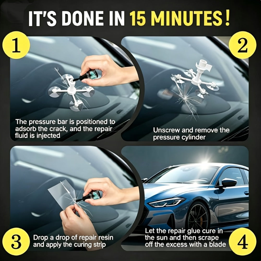 Windshield Repair Kit – Nano Resin Fix for Chips, Bullseye & Star Cracks in 15 Minutes, DIY Glass Crack Repair with Suction Injector, Restores Optical Clarity, Prevents Spreading