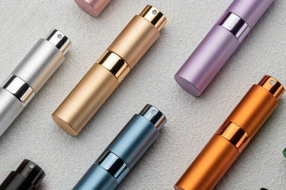 Refillable Perfume Atomizer Travel 5 Pack – 8ml Mini Cologne Sprayer Bottles with Cap-Free Twist Design, Leak-Proof Aluminum & Glass Portable Pocket Perfume Dispenser in 5 Colors for Women & Men