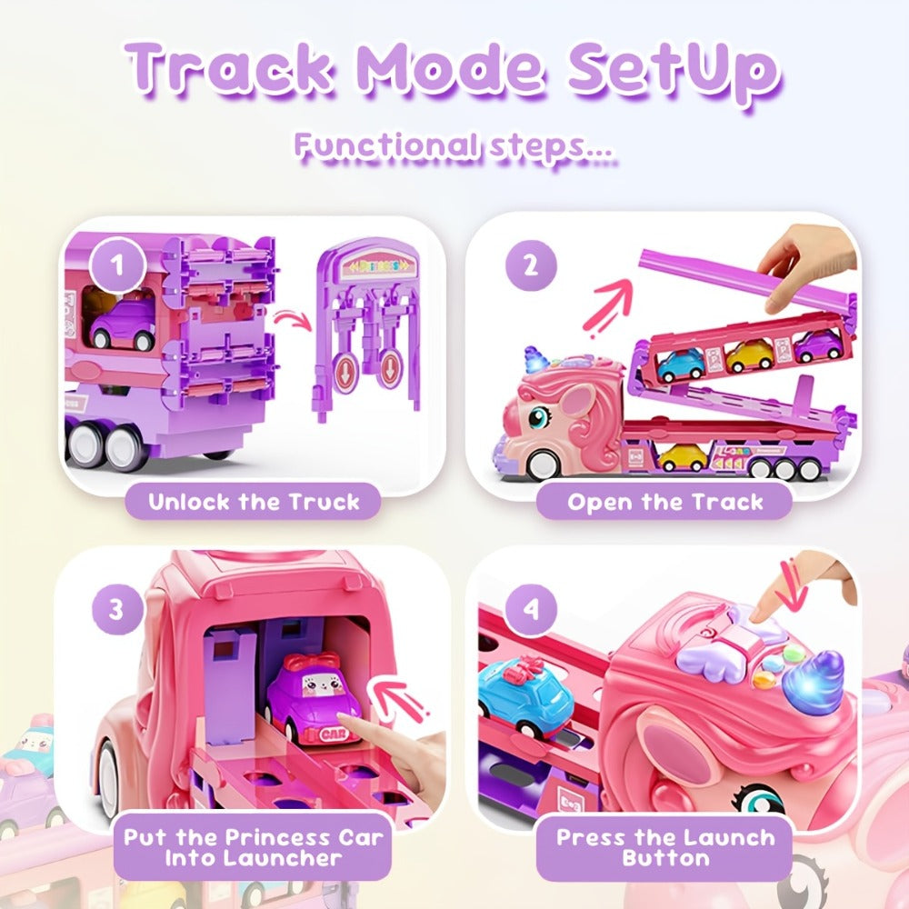 Pink Unicorn Monster Truck Track Set with 8 Princess Cars, Lights & Sounds – Friction Power 2-Player Fold-Out Track Toy for Girls Boys Ages 3+, Birthday Holiday Gift