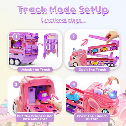 Pink Unicorn Monster Truck Track Set with 8 Princess Cars, Lights & Sounds – Friction Power 2-Player Fold-Out Track Toy for Girls Boys Ages 3+, Birthday Holiday Gift