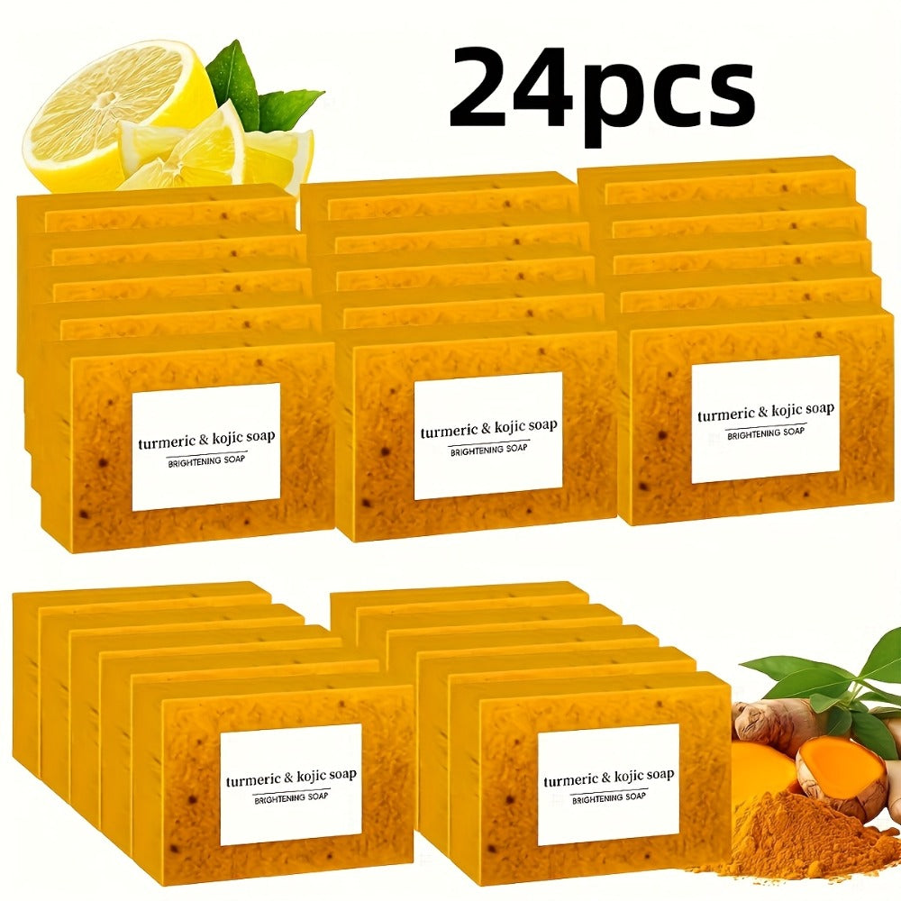 Kojic Acid Soap Bar 24-Pack Handmade — Lemon Turmeric Cold Process Bar Soap with Ginger Extract & Exfoliating Granules, Brightening Dark Spot Soap for Women, Face & Body Cleansing Gift Set