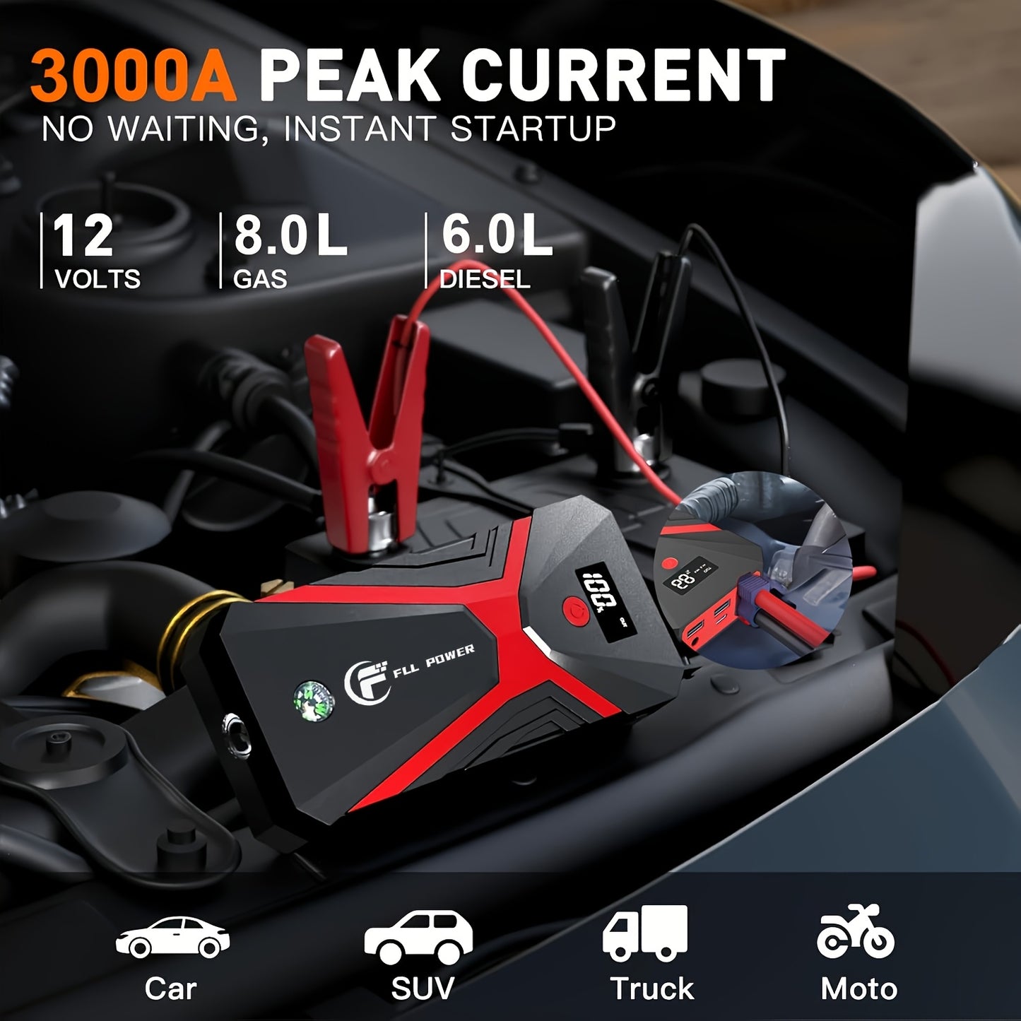 [Portable Power Bank] Jump Starter Power Pack, 1600A/3000A/3500A Car Battery Booster 12V Portable Car Jump Starter Power Bank for Gas N Diesel Cars, with USB Charge Ports And LED Flashlight