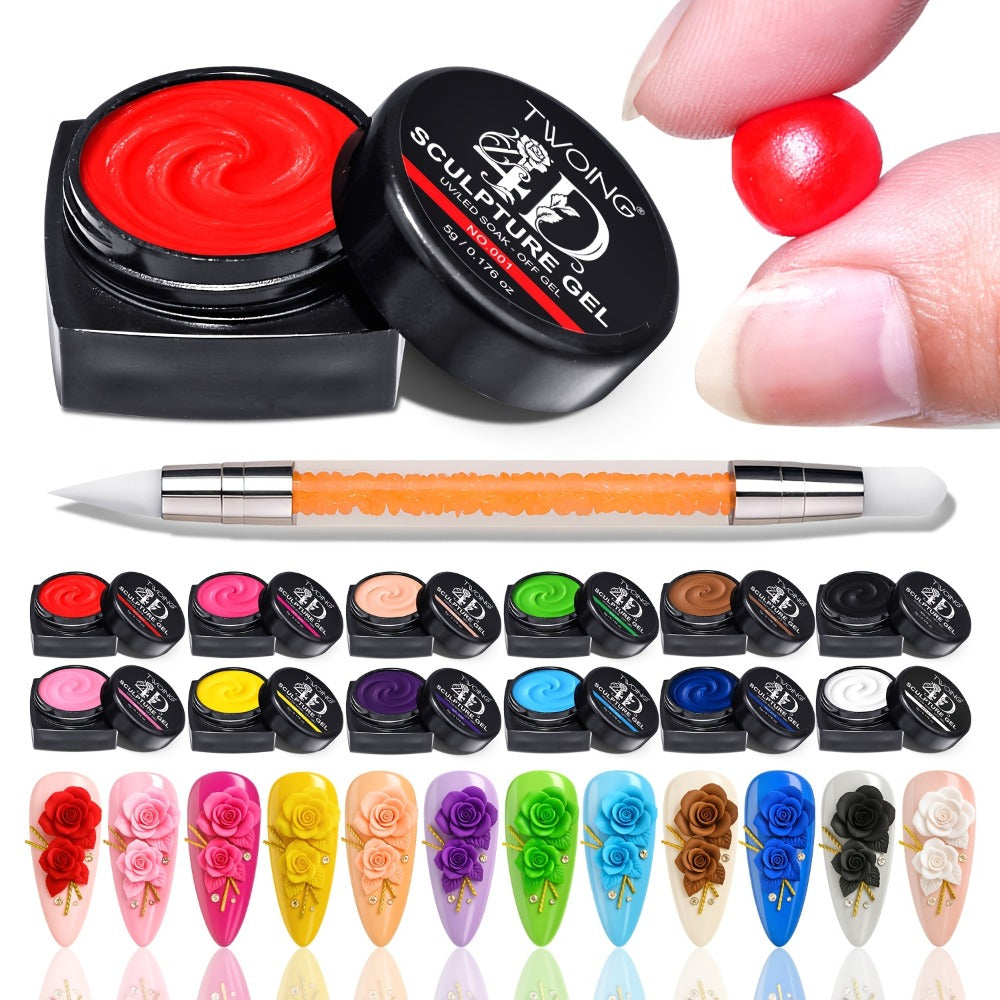 Nail Sculpting Gel Kit 3D 4D 12 Colors with Carving Pen — Firm Non-Sticky Soak-Off Sculpture Gel for Flowers, Leaves, Geometric Designs & Nail Extensions | UV LED DIY & Salon Nail Art for Women